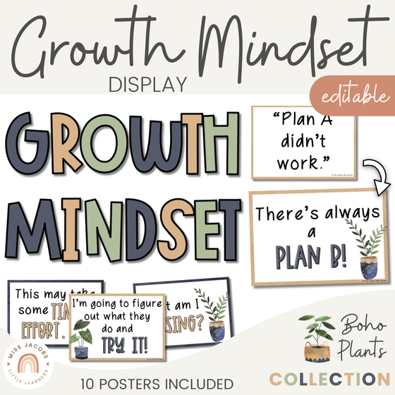 Modern Growth Mindset Display | Boho Plants Calm Classroom Decor | Editable Boho Vintage Retro Decor - Miss Jacobs Little Learners