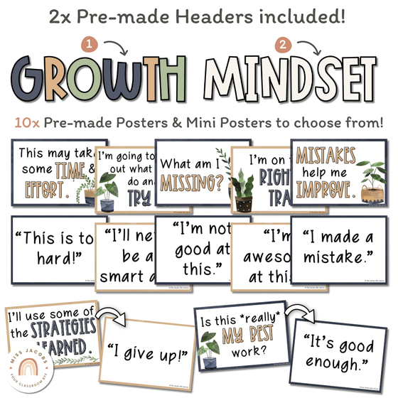 Modern Growth Mindset Display | Boho Plants Calm Classroom Decor | Editable Boho Vintage Retro Decor - Miss Jacobs Little Learners