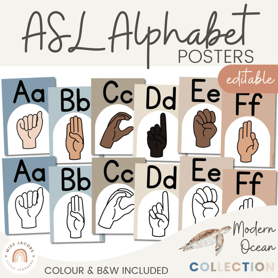 Modern Ocean ASL (American Sign Language) Alphabet Posters - Miss Jacobs Little Learners