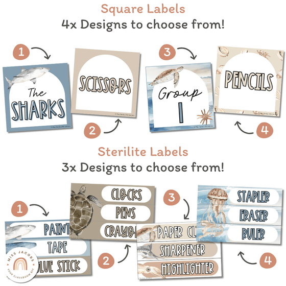 Modern Ocean Classroom Supply Labels & Student Name Tags - Miss Jacobs Little Learners