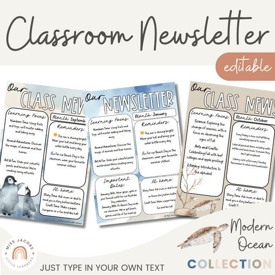 Modern Ocean Editable Classroom Newsletter Templates - Miss Jacobs Little Learners