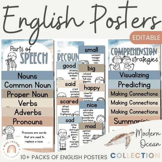 English Posters Reading and Writing Bundle - Modern Ocean Theme