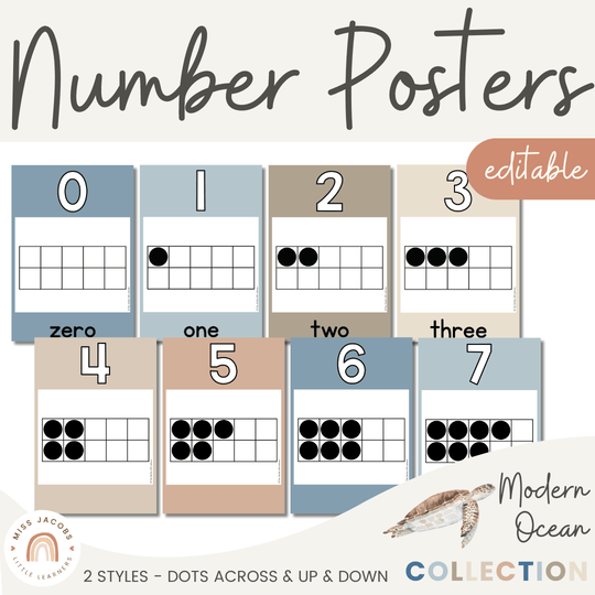 Number Posters with Ten Frames - Modern Ocean Theme