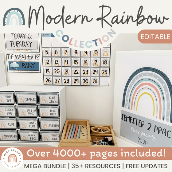 Modern Rainbow Classroom Decor Bundle | Calm Colors | EDITABLE - Miss Jacobs Little Learners