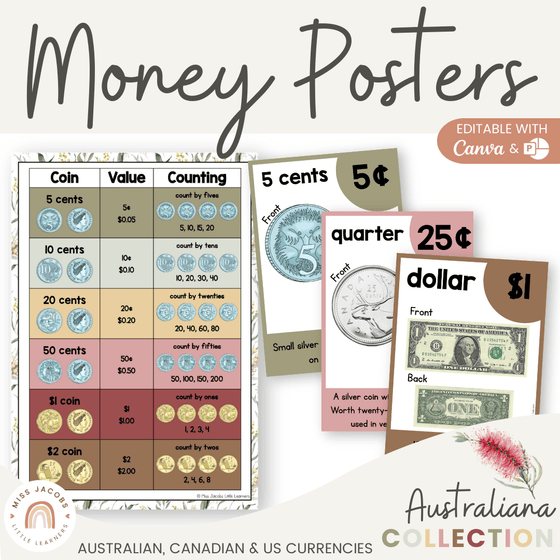 Money Posters - Australiana Theme Classroom Decor - Miss Jacobs Little Learners
