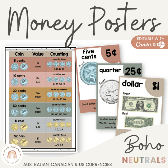 Money Posters - Boho Neutrals Theme Classroom Decor