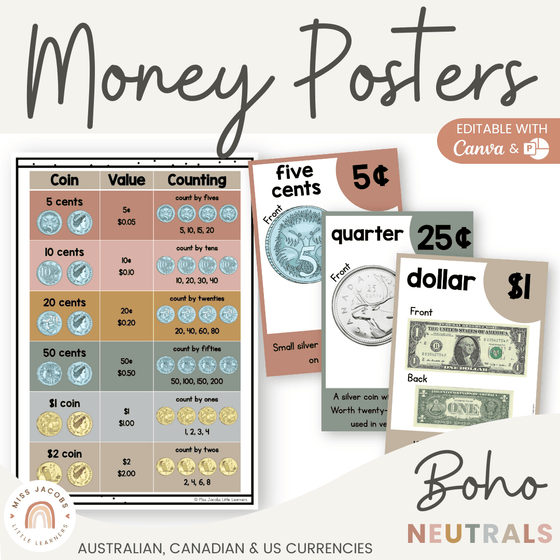 Money Posters - Boho Neutrals Theme Classroom Decor - Miss Jacobs Little Learners