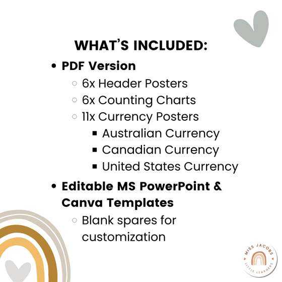 Money Posters - Boho Neutrals Theme Classroom Decor - Miss Jacobs Little Learners