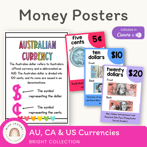 Money Posters - Bright Theme Classroom Decor - Miss Jacobs Little Learners