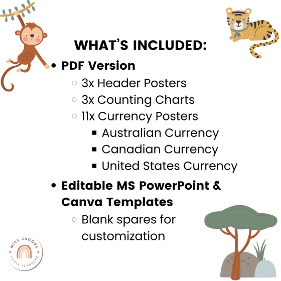 Money Posters - Cute Jungle Animals Classroom Decor - Miss Jacobs Little Learners