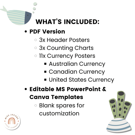 Money Posters - Cute Sea Life Theme Classroom Decor - Miss Jacobs Little Learners