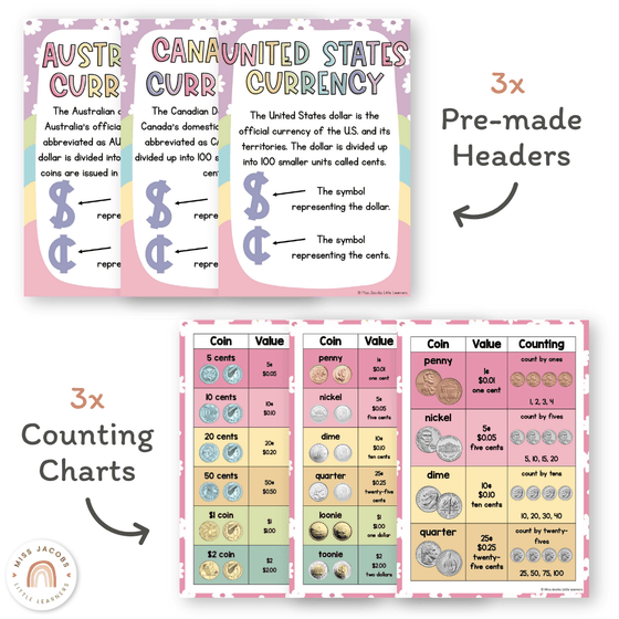 Money Posters - Daisy Gingham Pastels Theme Classroom Decor - Miss Jacobs Little Learners