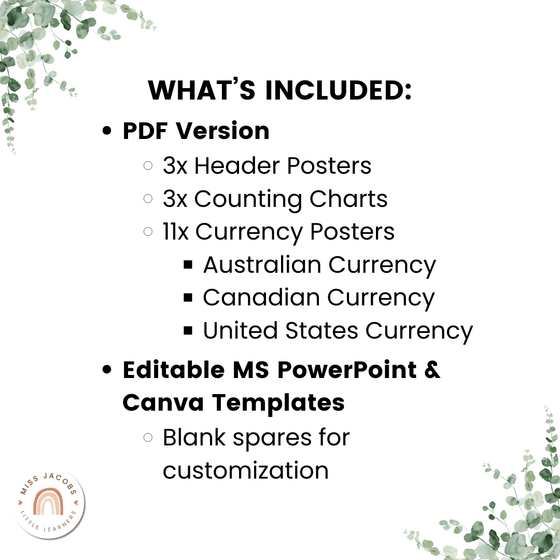 Money Posters - Modern Botanical Theme Classroom Decor - Miss Jacobs Little Learners