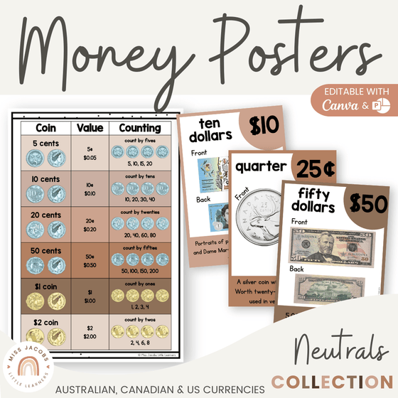 Money Posters - Neutrals Theme Classroom Decor - Miss Jacobs Little Learners
