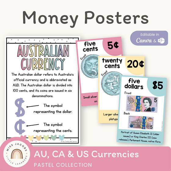 Money Posters - Pastel Theme Classroom Decor - Miss Jacobs Little Learners