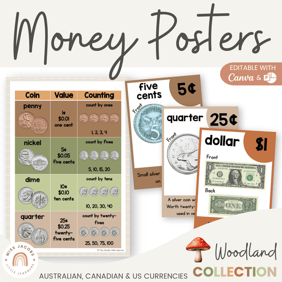 Money Posters - Woodland Theme Classroom Decor - Miss Jacobs Little Learners