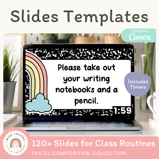 Morning Meeting Slide Template: Google, Canva, PPT - Pastel Composition Notebook