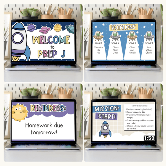Morning Meeting Slides Templates: Google, Canva, PPT - Dreamy Space Theme - Miss Jacobs Little Learners