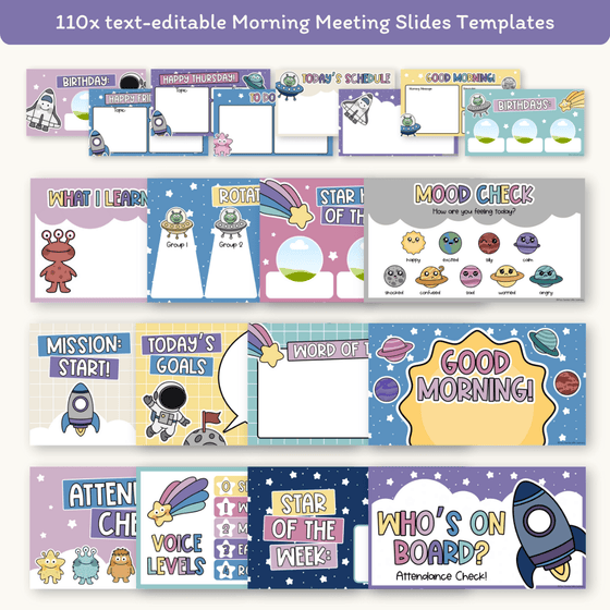 Morning Meeting Slides Templates: Google, Canva, PPT - Dreamy Space Theme - Miss Jacobs Little Learners