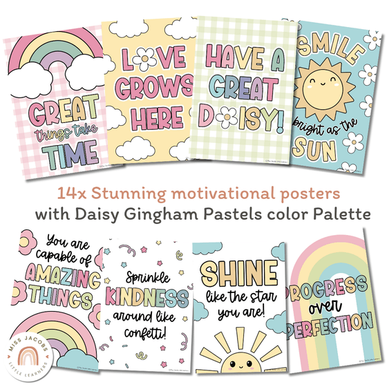 Motivational Classroom Posters | Growth Mindset Bulletin Board | Daisy Gingham Pastels | Editable - Miss Jacobs Little Learners