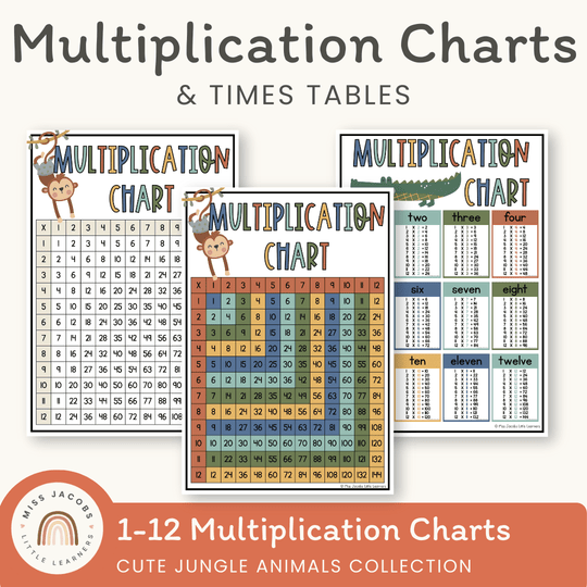 Multiplication Charts and Times Table - Cute Jungle Animals