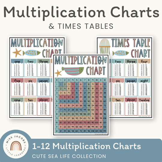 Multiplication Charts and Times Table - Cute Sea Life Decor