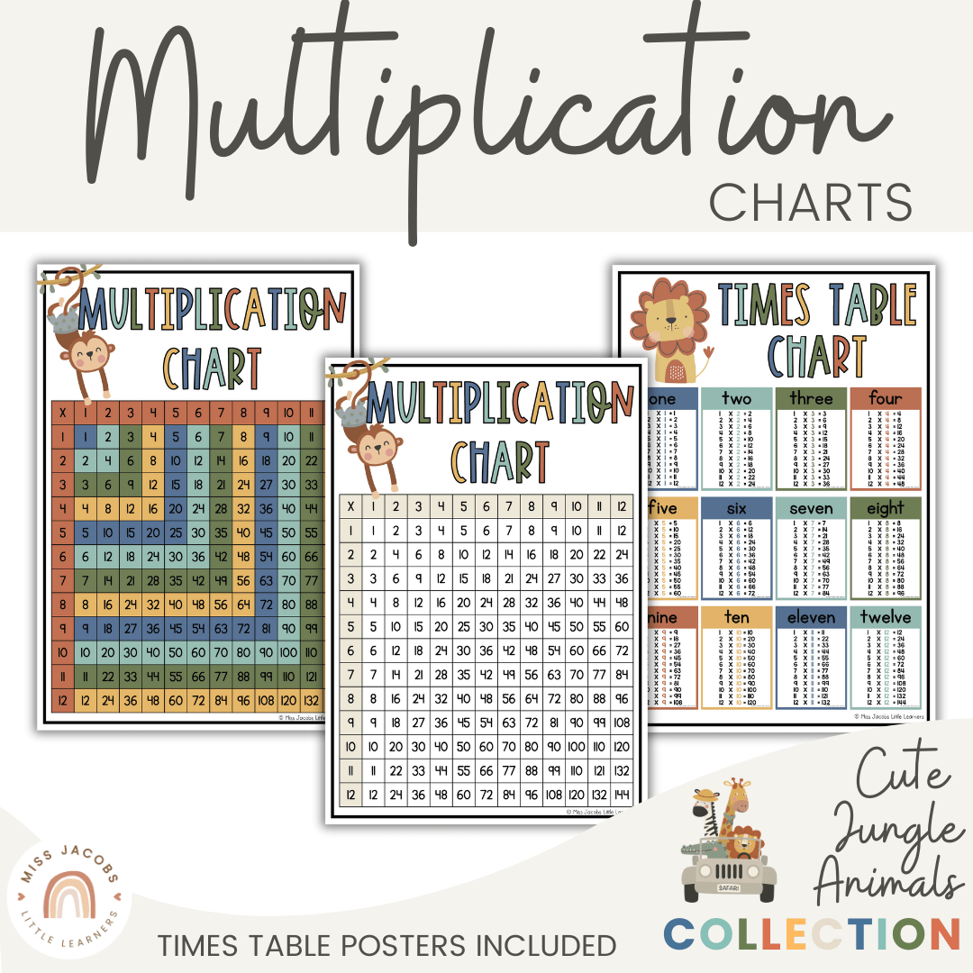 Fancy Multiplication Table Multiplication Charts & Facts | CUTE JUNGLE ANIMALS