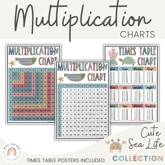 Multiplication Charts for Math Wall | Times Table Facts | CUTE SEA LIFE - Miss Jacobs Little Learners