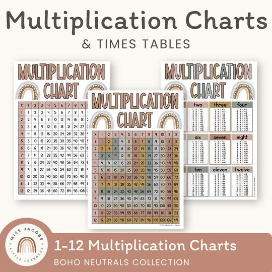 Multiplication Charts with Times Table - Boho Neutrals Theme