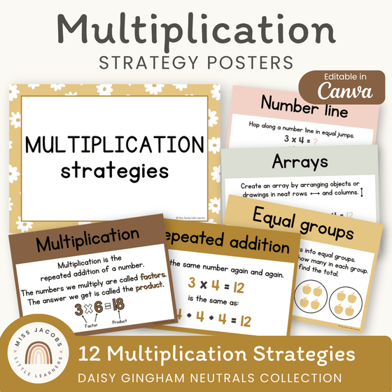 Multiplication Strategies Posters - Daisy Gingham Neutrals Classroom Decor - Miss Jacobs Little Learners