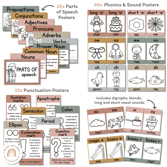 English Posters Reading and Writing Bundle - Boho Neutrals Theme