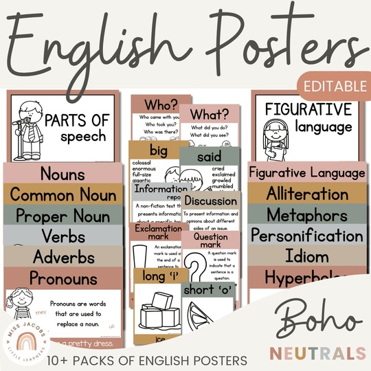 English Posters Reading and Writing Bundle - Boho Neutrals Theme