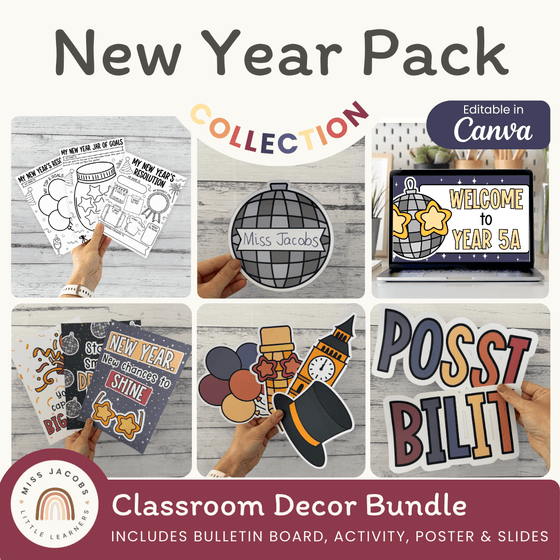 New Year Bulletin Board Decor Kit, Goals Craft & Activities Bundle - Miss Jacobs Little Learners
