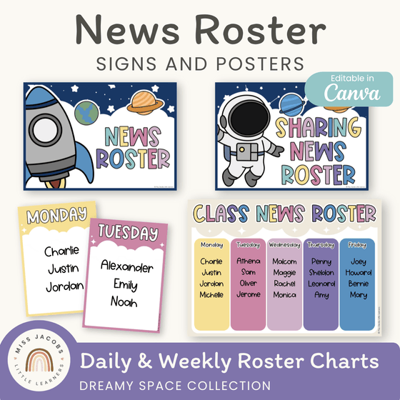 News Roster Show & Tell Display - Dreamy Space Classroom Decor - Miss Jacobs Little Learners