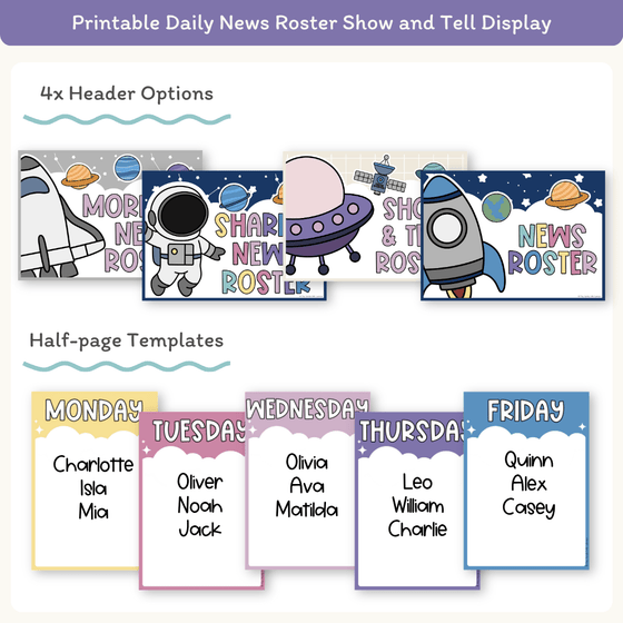News Roster Show & Tell Display - Dreamy Space Classroom Decor - Miss Jacobs Little Learners
