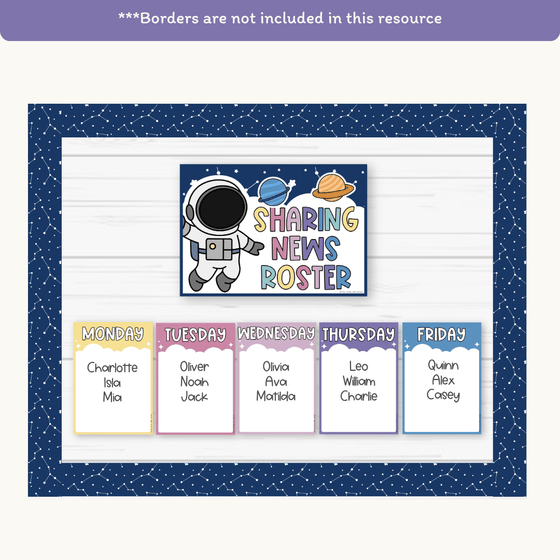 News Roster Show & Tell Display - Dreamy Space Classroom Decor - Miss Jacobs Little Learners