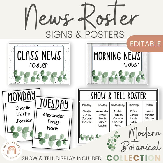 News Roster Show & Tell Display - Modern Botanical Decor - Miss Jacobs Little Learners