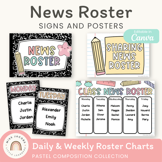 News Roster Show & Tell Display - Pastel Composition Notebook Classroom Decor