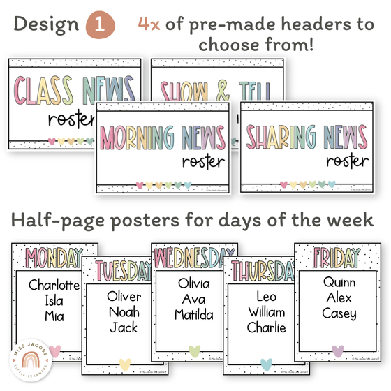 News Roster Show & Tell Display - Spotty Pastel Decor - Miss Jacobs Little Learners