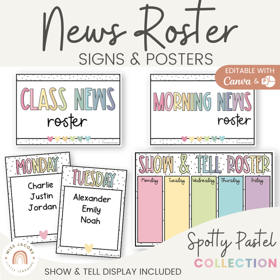 News Roster Show & Tell Display - Spotty Pastel Decor - Miss Jacobs Little Learners