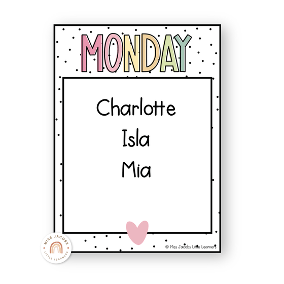 News Roster Show & Tell Display - Spotty Pastel Decor - Miss Jacobs Little Learners