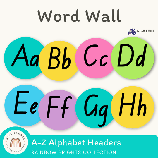 NSW Foundation Font Word Wall Alphabet Headers | Rainbow Theme