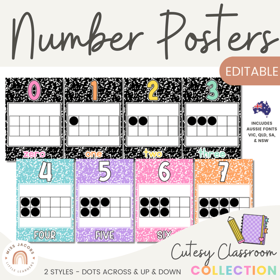 Number Posters - Composition Notebook - Cutesy Classroom Decor - Miss Jacobs Little Learners