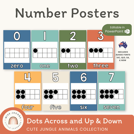 Number Posters with Ten Frames, Aussie Fonts - Cute Jungle Animals