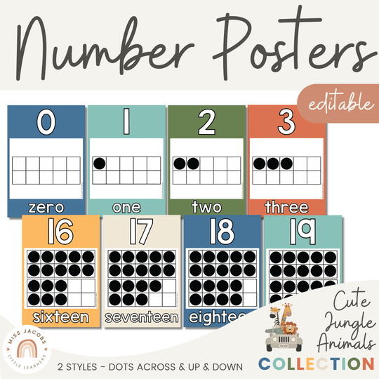 Number Posters with Ten Frames - Cute Jungle Animals