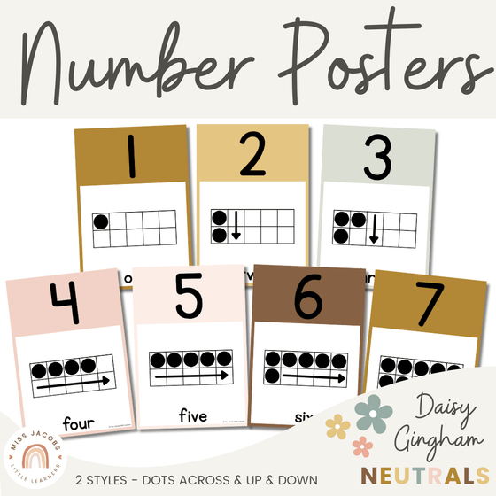 Number Posters with ten frames | Daisy Gingham Neutrals Math Classroom Decor - Miss Jacobs Little Learners