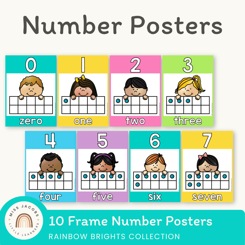Number Posters with Ten Frames | Rainbow Classroom Decor – Miss