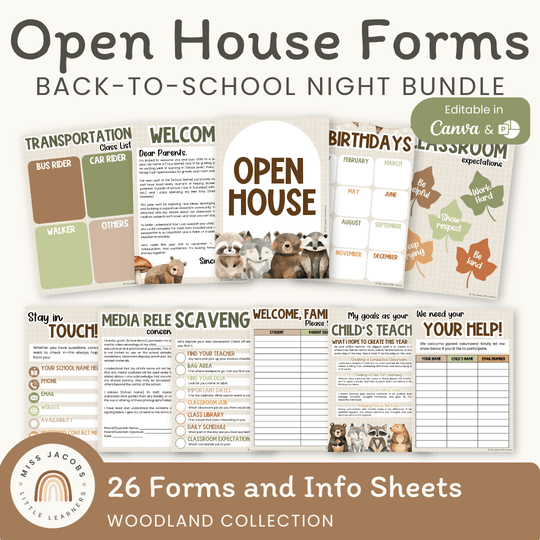 Open House Forms Back To School Night Bundle - Woodland Theme