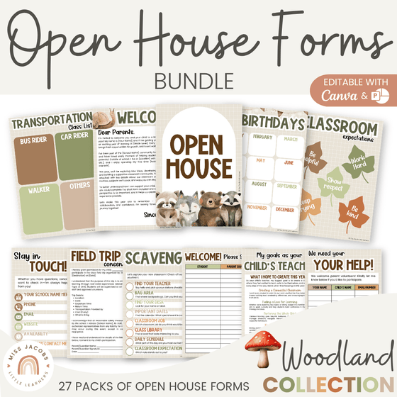 Open House Forms Back To School Night Bundle - Woodland Theme - Miss Jacobs Little Learners
