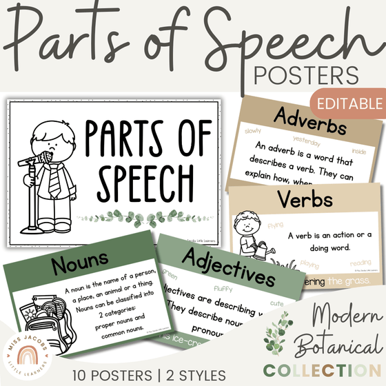 Parts of Speech Posters - Anchor Charts in Earthy Botanical Theme | EDITABLE - Miss Jacobs Little Learners